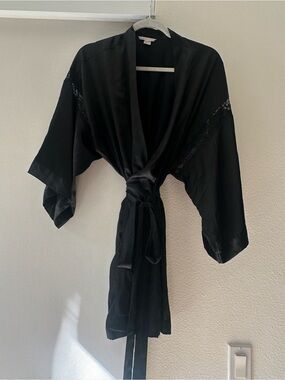 Victoria's Secret Black Satin Lace-Trim Robe